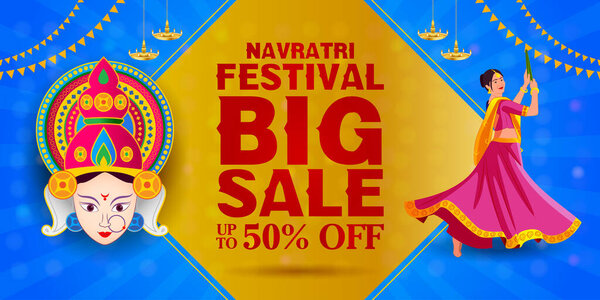 Элегантный баннер фестиваля Навратри с лицом богини, иллюстрацией индийских танцоров, светящимися диями и современным сине-желтым фоном. Идеально подходит для праздничных акций, онлайн-продаж и рекламы культурных мероприятий.