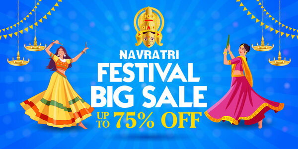 Современный баннер фестиваля Навратри с двумя женщинами, танцующими Гарба, лицом богини, висящими диями и голубым праздничным фоном. Идеально подходит для культурных акций, фестивальной рекламы и шопинга.