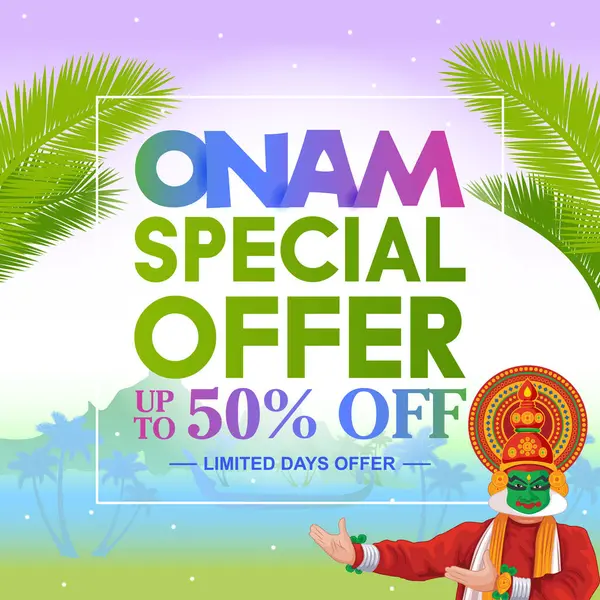 Renkli Onam festivali özel olarak Kathakali dansçı illüstrasyonu, tropik arka plan ve palmiye yaprakları ile vektör şablonu sunar. Festival satışı, tanıtım reklamları ve mevsimlik indirimler için mükemmel..