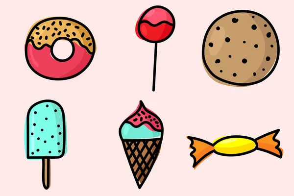 一套糖果A Set Sweets 甜甜圈 冰淇淋 任何项目的良好要素 — 图库矢量图片