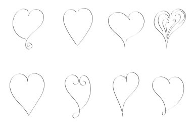 Bir dizi siyah el çizilmiş kalp. Projeler için iyi.