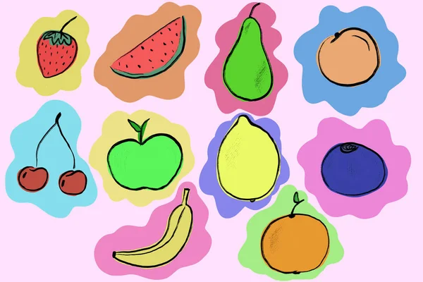 Una Serie Frutti Disegnati Mano Isolati Sfondo Stile Unico Buono — Foto Stock