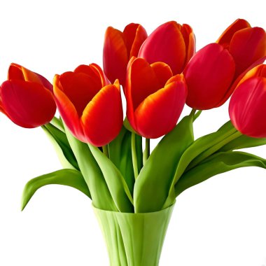 Gerçekçi canlı renkleri olan kırmızı laleler taç yaprakları ve yemyeşil yapraklar.