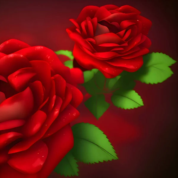 Dwa Piękne Czerwone Duże Rozmiary Róże Zielonymi Liśćmi — Zdjęcie stockowe