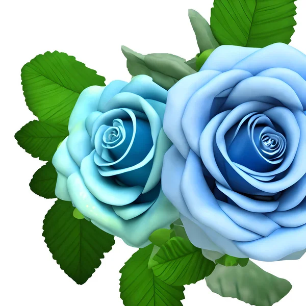 Rosa Colore Blu Con Look Realistici Con Foglie Verdi — Foto Stock