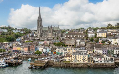 Panoramic exposure done from a ship showing the beautifull houses and Cobh Cathedral,