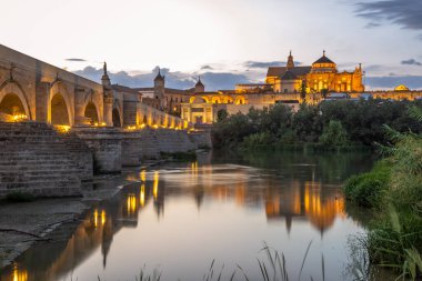 Night Exposure of the Roman bridge of and the MosqueCathedral of Cordoba in the background with the Guadalquivir river in the foreground