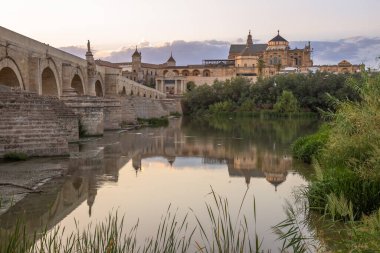 Exposure at sunset of the Roman bridge of and the Mosque Cathedral of Cordoba in the background with the Guadalquivir river in the foreground