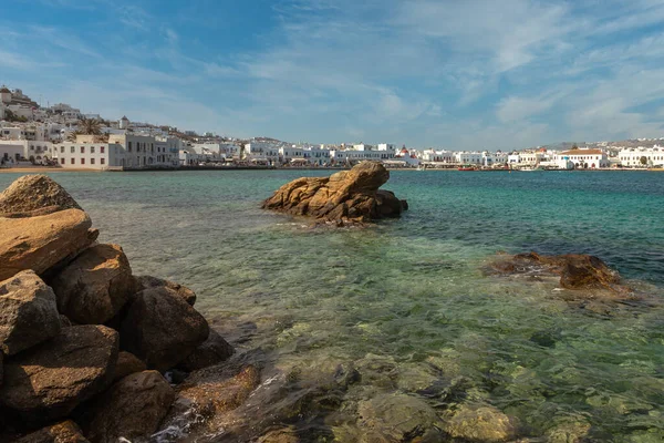 Seascape Ekspozycja Mykonos Pokazując Piękną Zieloną Wodę Tej Wspaniałej Greckiej — Zdjęcie stockowe