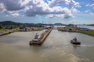 View of the Miraflores Locks. Giant locks allow huge ships to pass through the Panama Canal.