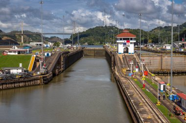 View of the Miraflores Locks. Giant locks allow huge ships to pass through the Panama Canal.