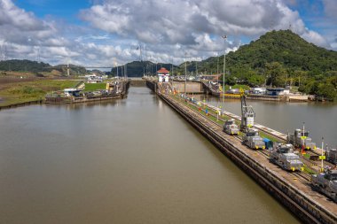 View of the Miraflores Locks. Giant locks allow huge ships to pass through the Panama Canal.