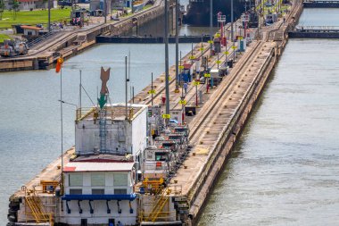 View of the Miraflores Locks. Giant locks allow huge ships to pass through the Panama Canal.