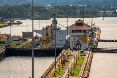 View of the Miraflores Locks. Giant locks allow huge ships to pass through the Panama Canal.