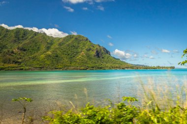 Oahu adasının doğu kıyısı boyunca güzel Hawaii denizi, kıyı ve dağları görünüyor.
