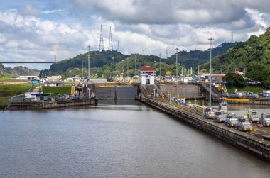 View of the Miraflores Locks. Giant locks allow huge ships to pass through the Panama Canal.