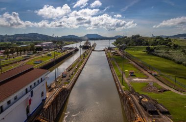 View of the Miraflores Locks. Giant locks allow huge ships to pass through the Panama Canal.