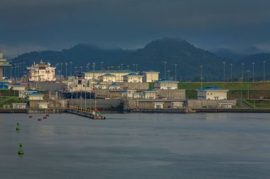 View of the Miraflores Locks. Giant locks allow huge ships to pass through the Panama Canal.