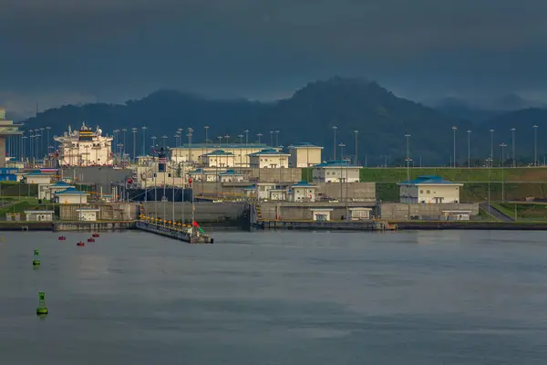 stock image View of the Miraflores Locks. Giant locks allow huge ships to pass through the Panama Canal.