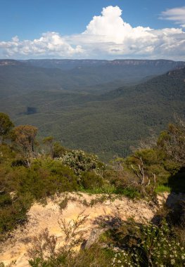 Lincoln 's Rock, Wentworth Falls' tan ikonik Mavi Dağlar 'ın günlük görüntüsü Jamison Vadisi' nin ve ötesinin, Batı Sydney, NSW, Avustralya 'nın geniş bir görüntüsünü sunuyor.