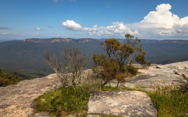 Lincoln 's Rock, Wentworth Falls' tan ikonik Mavi Dağlar 'ın günlük görüntüsü Jamison Vadisi' nin ve ötesinin, Batı Sydney, NSW, Avustralya 'nın geniş bir görüntüsünü sunuyor.