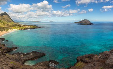 Makapu Gözcüleri 'nin Makapuu Sahili, Kaohikaipu Adası ve Manana Adası' ndan güzel bir manzara. 
