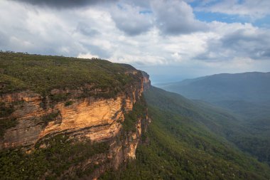 Mavi Dağlar Ulusal Parkı 'nın Katoomba Bölgesi' ndeki Prenses Kaya Gözcüsü 'nden alınan gün, Wentworth Şelalesi' nin çarpıcı manzarasıyla, Mavi Dağlar, NSW, Avustralya