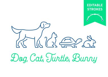 Pet icon set with editable strokes. Dog, cat, turtle and rabbit symbols. Minimal dog, pussy, tortoise and bunny outlines for infographics or web use. Pixel perfect flat design. Animal illustration