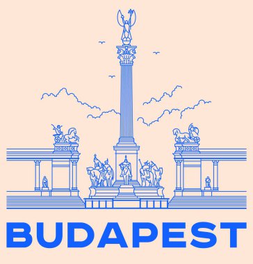 Heroes's Square in Budapest icon. Vector art illustration flat design. Famous architectural landmark thin line illustration. Historical Hungarian statues,kings, tourist destination.