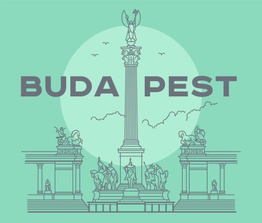 Heroes's Square in Budapest capital icon. Vector art illustration flat design. Famous architectural landmark thin line illustration. Historical Hungarian statues,kings, tourist destination.