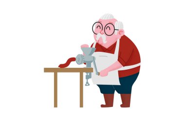 Old butcher's uncle grinds the meat after pig slaughter. Pork meat at processing plant slaughterhouse or butcher shop vector illustration. Funny character drawing. Making sausage at home.
