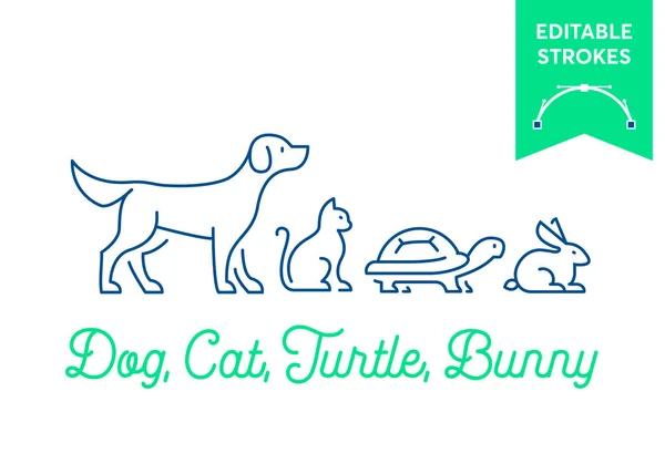 Pet icon set with editable strokes. Dog, cat, turtle and rabbit symbols. Minimal dog, pussy, tortoise and bunny outlines for infographics or web use. Pixel perfect flat design. Animal illustration