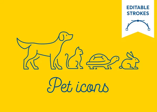 Pet icon set with editable strokes. Dog, cat, turtle and rabbit symbols on yellow background. Minimal dog, pussy, tortoise and bunny outlines for infographics or web use. Pixel perfect flat design.