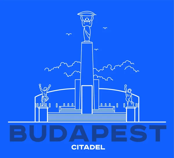 Kale hattı sanat ikonu, Avrupa. Vektör sanat çizimi düz tasarım. Budapeşte 'deki Citadella kalesi. Ünlü mimari simgesi. Buda 'daki tarihi Macar istihkamı, turizm beldesi.