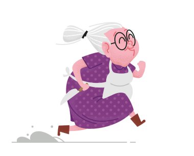 An elderly village lady is running and holding a knife. Gray-haired grandmother's pig slaughter in the countryside. Baking preparation in a chef apron, a gastronomic experience. Cute granny character