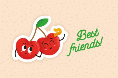 Happy sour cherry and a worm vector illustration for children. Two cute cherry friend holding each others hand. Lovely fruit sticker for kids on a pattern.