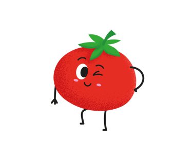 Sevimli domates karakter tasarımı. Sebze çizimin kutlu olsun. Çocuk kitapları için karikatür domates düz tasarımı. Yeşil yemek, restoran menüsü, yemek kitapları ve organik tarım etiketlerinde kullanılabilir.