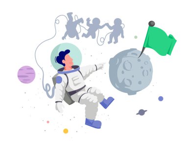 Four astronauts exploring outer space. Moment before the moon landing in spacesuit. Planting a green flag on the moon minimal vector illustration.