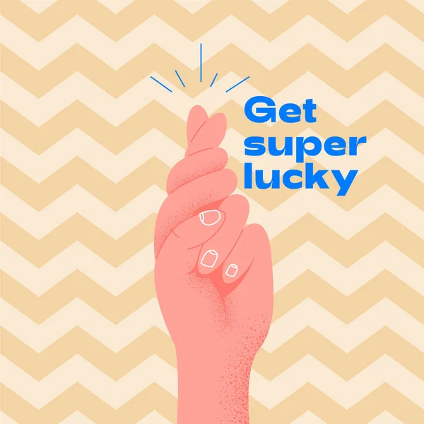 Get super lucky. Pink hand crossing fingers and wishing for good luck. Fingers crossed, hand gesture. Promise signal with two fingers. Flat design style. Vector illustration hand wishing something.