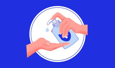 WASH YOUR HANDS in bathroom vector illustration sticker on blue background! Washing hands rubbing with soap for coronavirus prevention to stop spreading diseases. Hygiene is important.