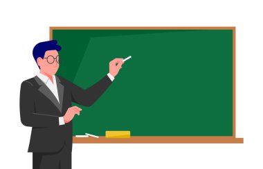 Professor explaining seminar lecture topic on empty blackboard. Young teacher pointing and showing something with chalk. Flat vector illustration isolated on white background.