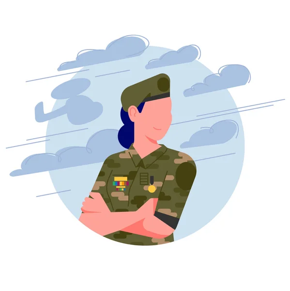 Asgari donanımlı asker. Askeri kadın, ordu personeli kamuflaj üniforması giyiyor. Silahsız bir kadın asker. Çizgi film vektör çizimi ve avatar. Arka planda helikopter var