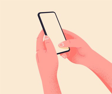 Holding phone in two hands. Empty screen, phone mockup. Editable smartphone template vector illustration on isolated background. Application on touch screen device. Learning or booking online concept