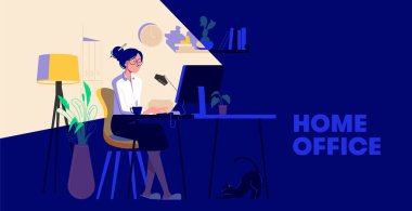 Businesswoman working from home at night. Woman sitting at desk in dark room, looking at computer screen. Freelancer or blogger home office concept. Flat Design Vector Illustration