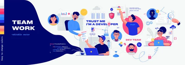 Infografik tasarım için yazılım geliştirme çizimleri. Yazılım veya web geliştirme işine katılan erkek ve kadın meslektaşların bir araya toplanması. Renkleri düzenlemek kolay. Mega set.