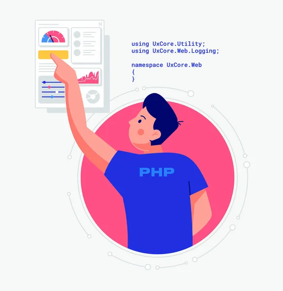Erkek bir php programcısı bir web sitesi geliştirir ve sonuçları test eder. Çocuk yeni bir programlama dili öğreniyor. Uzak bir iş fırsatı. Maskeli bir çalışan sarı düğmeye basıyor..