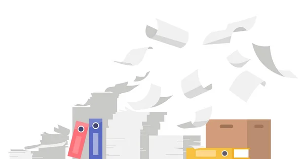 Bir grup uçan ya da düşen vektör beyaz kağıtları. Bir yığın belge ve iş. Yeşil, mavi ve sarı ofis dosya düzenleyicisi. İçinde belgeler olan kahverengi bir karton kutu. Dağınık ofis tasarım elemanları.