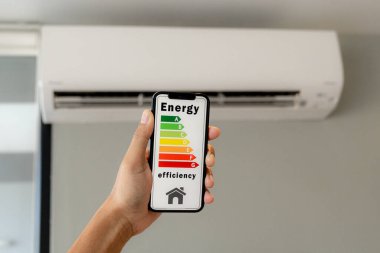 Hand holding smartphone with air conditioner, Green technology concept