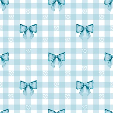 Mavi yaylı kusursuz desen ve mavi kareli arka planda küçük kalpler.