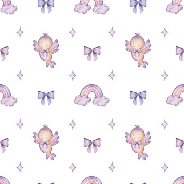  Şirin dijital suluboya kuşları, yayları, gökkuşağı ve yıldızları olan kusursuz desen. 